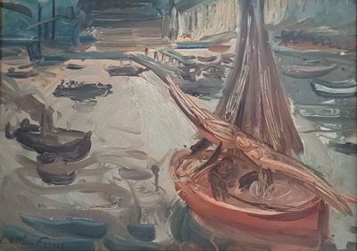 un tableau représentant un bateau dans un port, avec d'autres bateaux dans l'eau