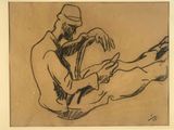 an image of a drawing of a man sitting on the ground next to a dog