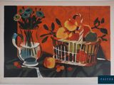 a painting of a basket of fruit and flowers on a table