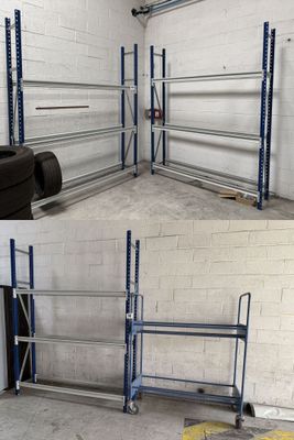two different pictures of a garage with a tire on the floor