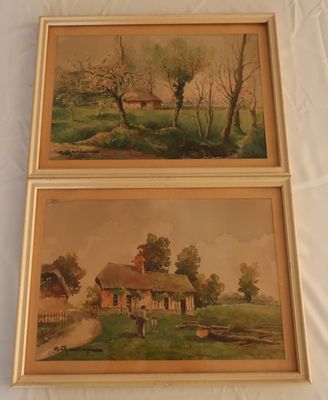 deux peintures représentant une ferme et une maison sur une feuille blanche