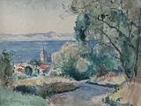 une aquarelle représentant une vue d'une ville au bord de l'eau
