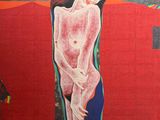 un tableau représentant une femme assise sur un mur rouge