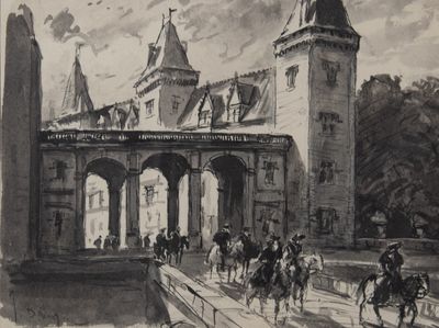 drawing of a group of people riding horses in front of a building