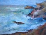 une peinture à l'huile représentant un chien sur une plage rocheuse au bord de l'océan