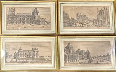 quatre dessins encadrés représentant un bâtiment avec une tour horloge et une tour horloge