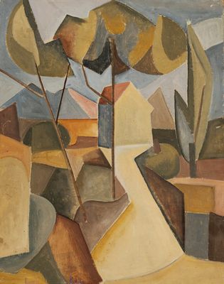 une image d'un tableau représentant un paysage avec des arbres et des bâtiments