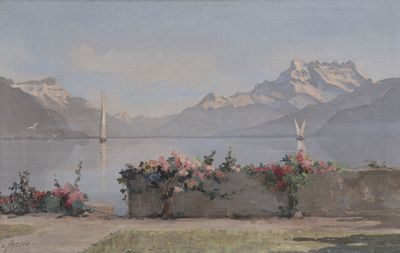 a painting of a sailboat on a lake with mountains in the background