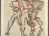 an image of a drawing of three men wrestling each other