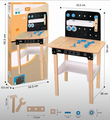 a picture of a wooden toy kitchen set with a stove and sink