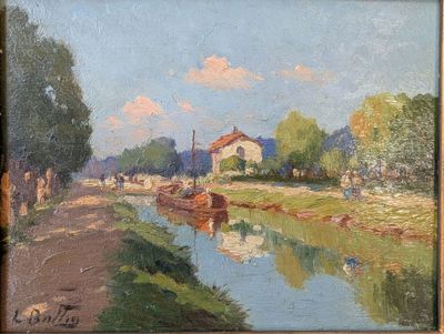 l'image d'une peinture représentant une rivière avec une maison à l'arrière-plan
