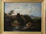 une peinture à l'huile représentant une rivière avec un pont et des montagnes en arrière-plan