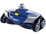 an image of a blue and silver robotic lawn mower on a white background