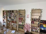 bookshelves in a living room filled with lots of books and magazines