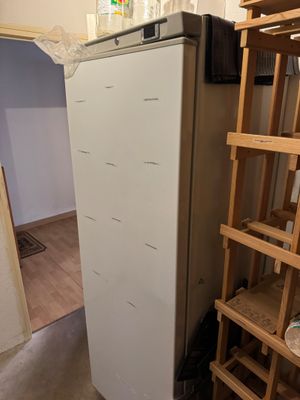 un réfrigérateur dans un coin de la pièce, avec une échelle