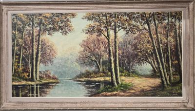 an oil painting of a river in a wooded area with trees