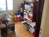 a living room with a bookcase and a couch in it