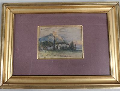 une image d'un tableau représentant une scène de montagne dans un cadre doré