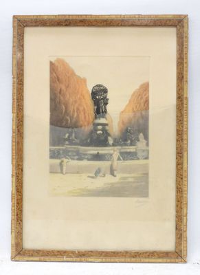 framed picture of a painting of a statue in a park