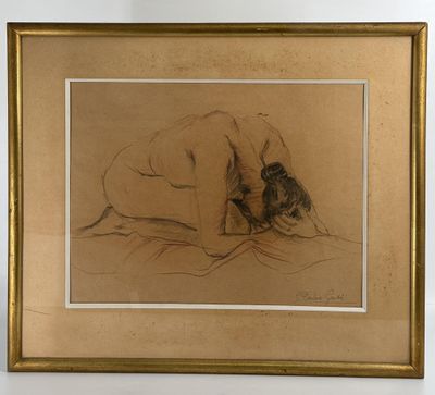 dessin représentant une femme nue allongée sur un lit, la tête posée sur un oreiller