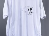 a white t shirt with a black and white drawing of a dog on it