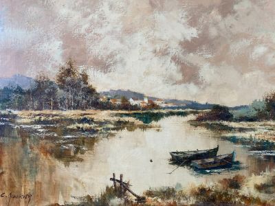 a painting of a boat on the water in the field