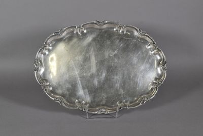 a silver plate with a decorative design on the rim