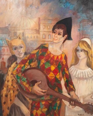 an oil painting of three people dressed in costumes and holding a guitar