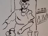 a black and white drawing of a man in a kitchen