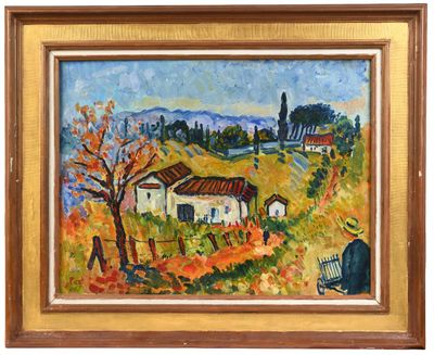 an oil painting of a man sitting on a bench in front of a house