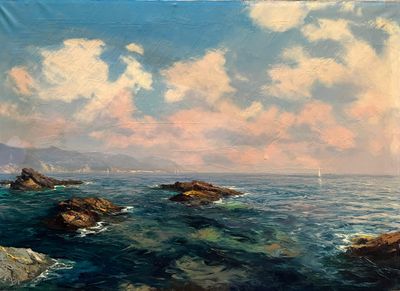 a painting of a sailboat on the water near the rocks