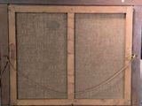 a picture of an old wooden cabinet with a glass door