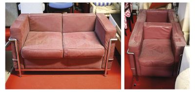 two pictures of a couch and a chair in the same room