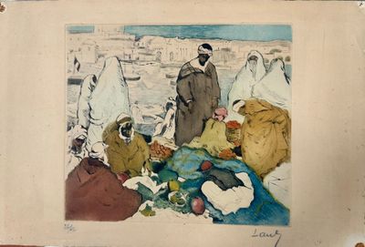 a picture of a painting of a group of people on a beach