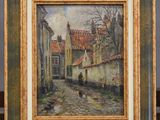une peinture à l'huile représentant une scène de rue avec une personne marchant dans la rue