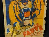 an old movie poster of a tiger with its mouth open and a man standing next to it