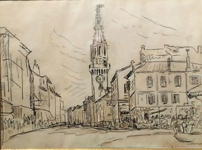 drawing of a city street with a clock tower in the background