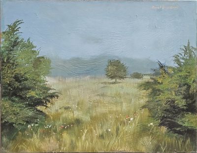an oil painting of a field with trees in the distance