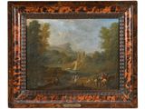 an oil painting of a landscape with horses and a man on horseback