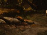 an image of a painting of a man and a dog in the woods