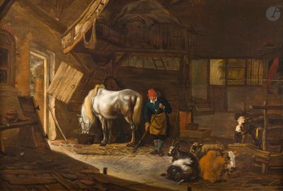 un tableau représentant un homme et un cheval dans une grange