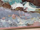 une peinture à l'huile représentant une personne sur une planche de surf dans l'océan