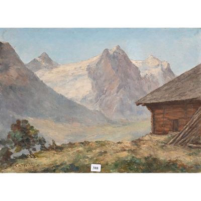 an image of a painting of a cabin in the mountains
