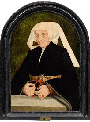 un vieux tableau représentant une femme tenant un oiseau dans la main