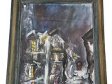 painting of a man and a woman in front of a house