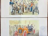 two pictures of a man driving a car and a woman driving a horse drawn carriage