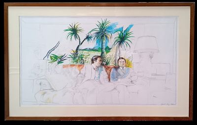 a picture of a drawing of two women sitting on a couch