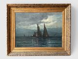 une image représentant une peinture de bateaux sur l'océan, avec le ciel en arrière-plan