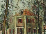 une peinture à l'huile représentant une maison au milieu d'un parc