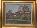 une image représentant un tableau représentant un paysage avec des arbres et une maison au loin